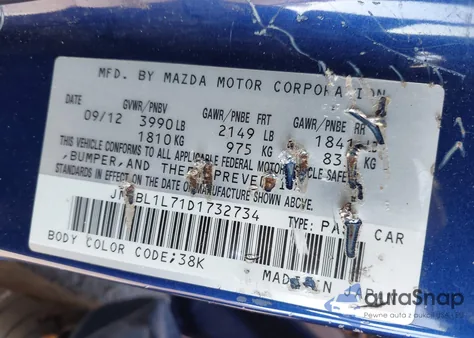 2013 Mazda Mazda3 I Touring из США, поврежденный, VIN JM1BL1L71D1732734